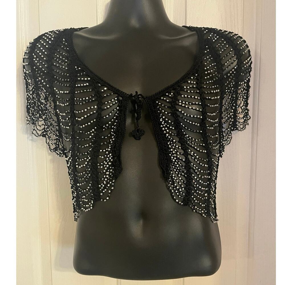 VTG Hand Crocheted Beaded Tie Black Caplet Shrug Glam Festival
Western Boho Y2K
